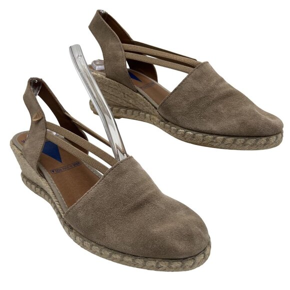 Verbenas Women 9 Tan Suede Piedra Wedge Espadrille Sandals Cap Toe Made In Spain - Picture 2 of 14